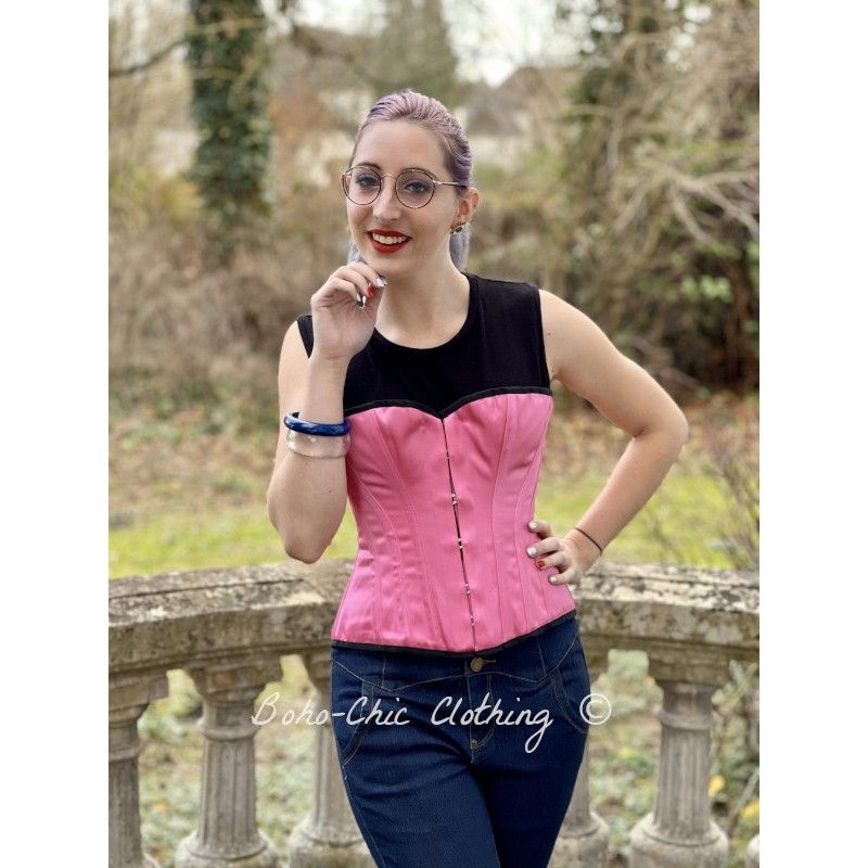 corset overbust C110 in pink satin edged with black - Boho-Chic