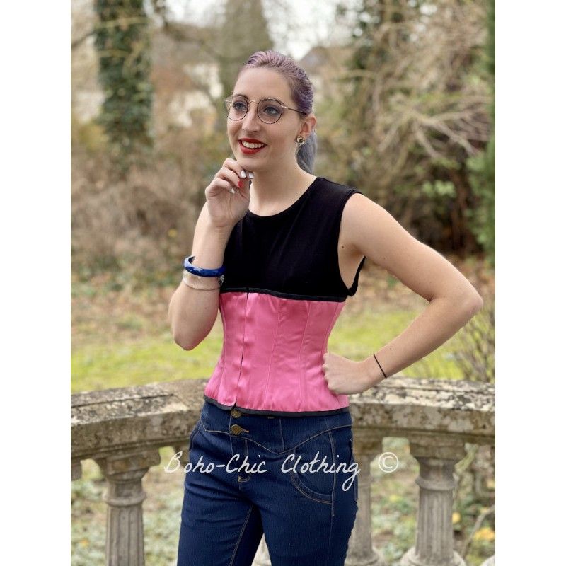 corset underbust C220 in pink satin edged with black - Boho-Chic Clothing