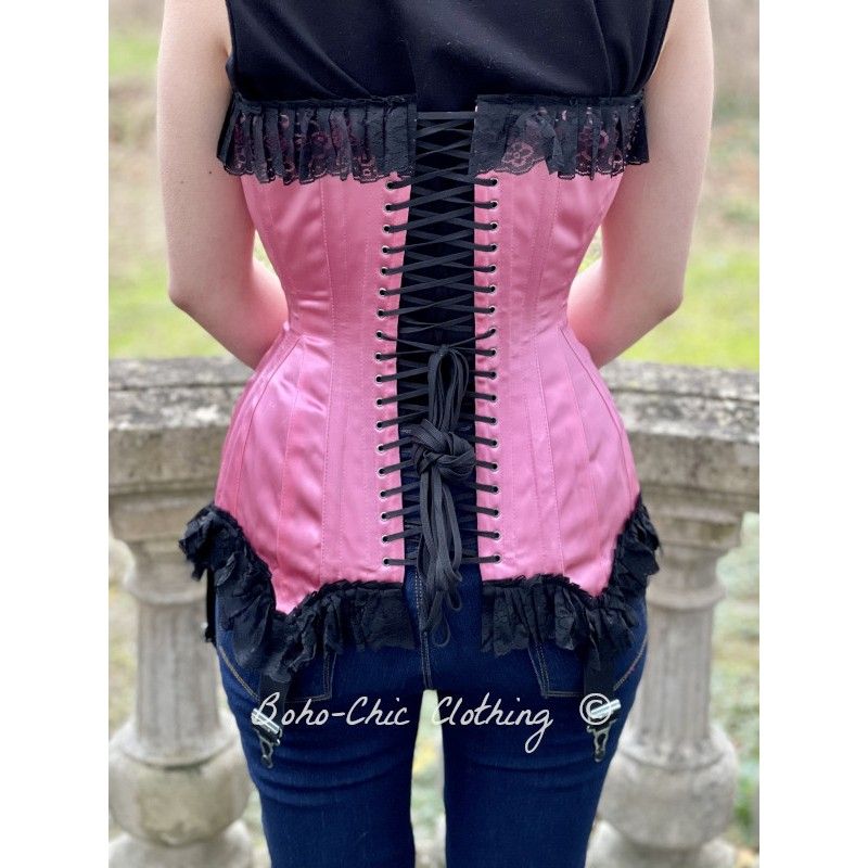 corset overbust C140 in pink satin with black lace and with 6