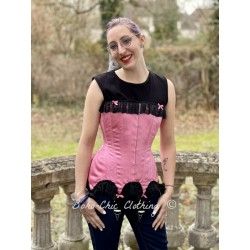 corset "overbust" C140 in pink satin with black lace and with 6 wide black suspenders