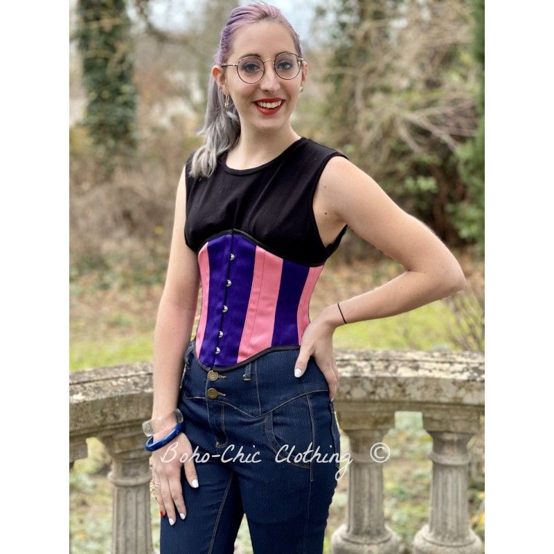 corset underbust C225 in pink and purple satin edged with black