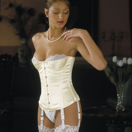 corset "overbust" C425 en satin ivoire avec 6 jarretelles ajustables fines