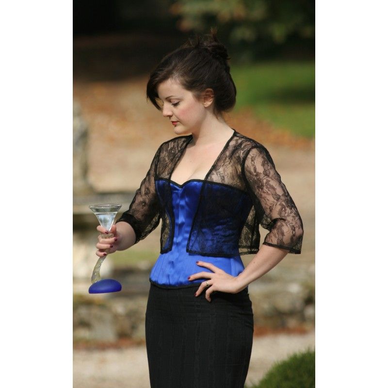 corset overbust C110 in blue satin edged with black - Boho-Chic