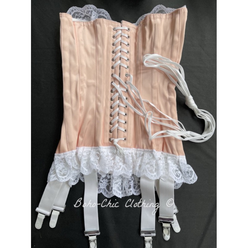 corset overbust C125 in peach satin edged with white lace and with 6 wide  suspenders - Boho-Chic Clothing