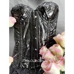 corset "overbust" C125 in peach satin edged with white lace and with 6 wide black suspenders Axfords - 1