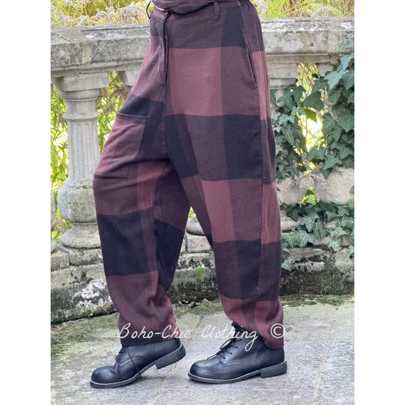 pants GASTON Aubergine woolen cloth with large checks - Boho-Chic Clothing