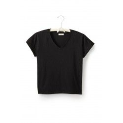 T-shirt short sleeve V-neck in black cotton