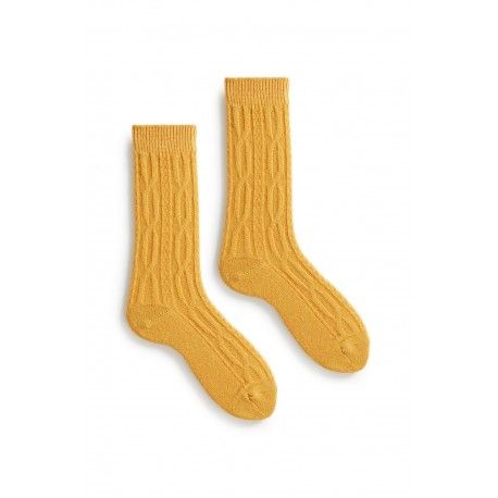 socks chuncky cable in yellow wool and cashmere lisa b. - 1