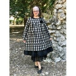 dress tunic ALAE black and ecru checkered cotton and linen Les Ours - 1