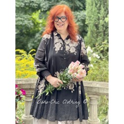 dress SIMONETTE black cotton voile with flowers and small white dots