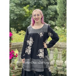 tunic BLANDINE black cotton voile with flowers and checks