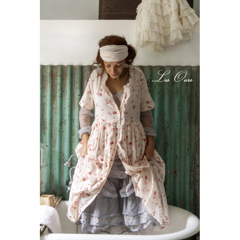 dress SONIA ecru cotton with flower print and small red dots - Boho-Chic  Clothing