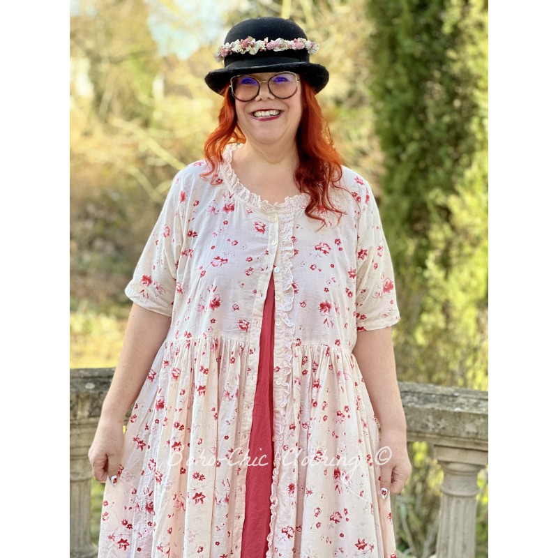 dress SONIA ecru cotton with flower print and small red dots - Boho-Chic  Clothing