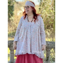 tunique JOY coton bleu gris à imprimé fleurs et petits pois rouges
