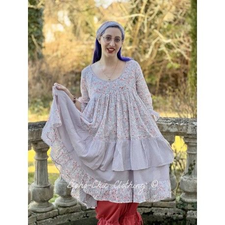 robe SOLINE voile de coton bleu gris à imprimé fleurs et petits pois rouges Les Ours - 1